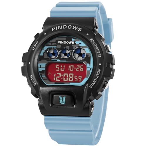 PINDOWSストップウォッチ、アラーム、タイマー付きメンズデジタルスポーツ腕時計50Mの防水仕様LEDバックライト付き多機能メンズタクティカル腕時計